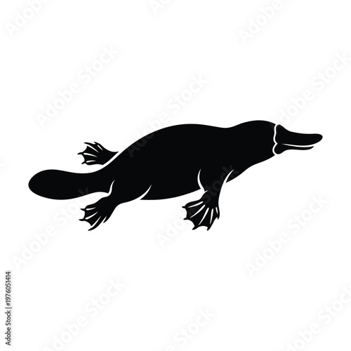 Black silhouette of a platypus with webbed feet swimming on a white background animal