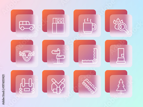 Set line Paw search, Slingshot, Trap hunting, Hunting cartridge belt, Road traffic sign, Coffee cup, Safari and Open matchbox and matches icon. Vector