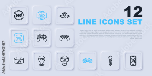 Set line VR controller game, 3d modeling, Gamepad, Virtual reality, Big brother electronic eye and glasses icon. Vector