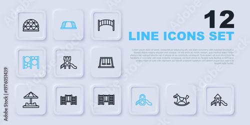 Set line Horse in saddle swing, Slide playground, Playground climbing equipment, Swedish wall, Monkey bar and icon. Vector