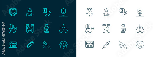Set line Location hospital, Syringe, Bottle of medicine syrup, Pipette, Test tube with blood, Emergency call 911, Immune system and Cross medical icon. Vector