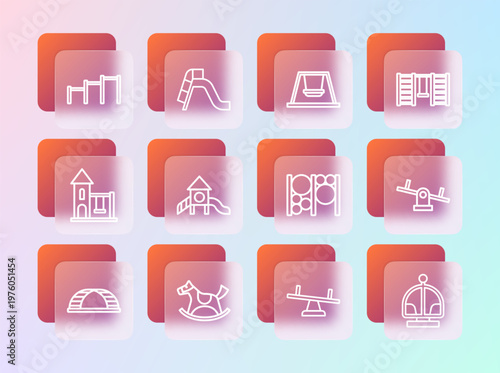 Set line Swedish wall, Horse in saddle swing, Playground climbing equipment, Seesaw, Slide playground, Swing for kids, Sport horizontal bar and icon. Vector