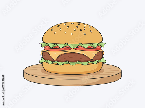 Cute flat vector illustration of cheeseburger with lettuce and tomato on a wooden board food isolated on clean white background, featuring a modern and appetizing style. Perfect for menu design.