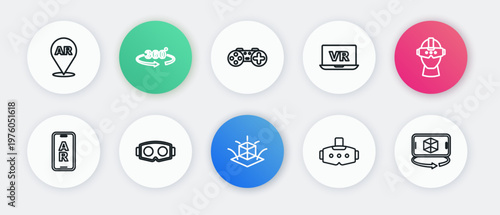 Set line 3d modeling, Virtual reality glasses, Augmented AR, Gamepad, and icon. Vector
