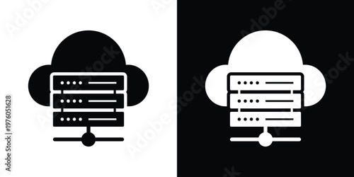 Vector icon of a server rack combined with a cloud symbol. Represents cloud computing, remote data storage, and network hosting services. Minimalist black and white design.