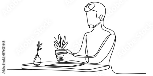 A single continuous line drawing of a person sitting at a desk and holding a small potted plant Vector, illustration