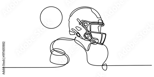 Continuous single line drawing of an american football player wearing a protective sports helmet Vector, illustration