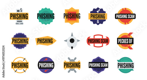 Collection of modern vector emblems and badges featuring the word 'phishing' and 'phishing scam' in vibrant color palettes, representing cyber threats, online fraud, and security