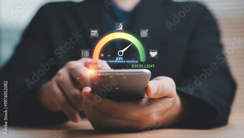 Foto KPI performance dashboard concept on mobile show business analytics, key perform