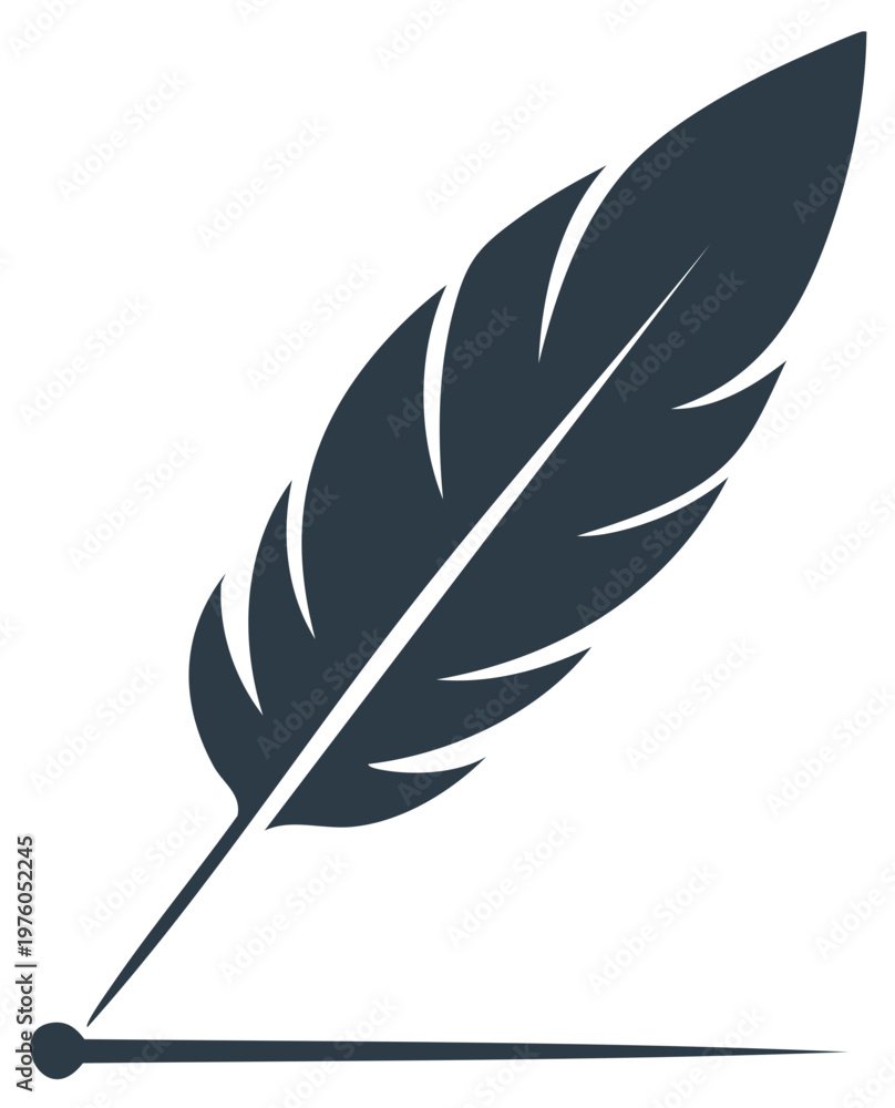 Fototapeta premium Dark Blue Feather Quill Pen with Ink Blot Icon on White Background