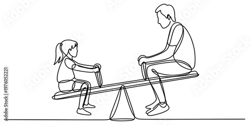 A continuous line drawing depicting a father and his young daughter playing on a seesaw together Vector, illustration