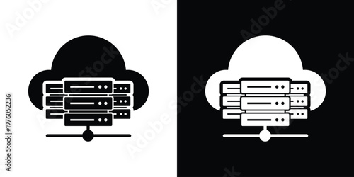 Vector icon of a server rack combined with a cloud symbol. Represents cloud computing, remote data storage, and network hosting services. Minimalist black and white design.