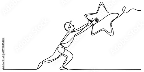 A continuous line drawing of a person reaching out to touch or capture a bright shining star icon Vector, illustration