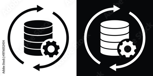 Icon of a database cylinder with a gear and circular arrows. Represents data automation, continuous integration, database migration, information processing, and system updates.
