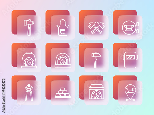 Set line Blacksmith anvil tool, Gold bars, Hammer, oven, Crossed hammer, and apron icon. Vector