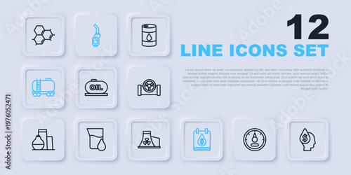 Set line Motor gas gauge, Oil drop with dollar symbol, tank storage, railway cistern, petrol test tube, Gasoline pump nozzle and Nuclear power plant icon. Vector