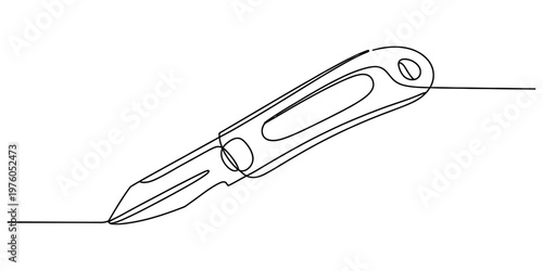 A single continuous line drawing of a surgical scalpel used in medical procedures and surgery. Vector, illustration