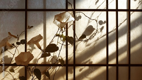 A scene of morning glory shadows cast on a shoji screen.