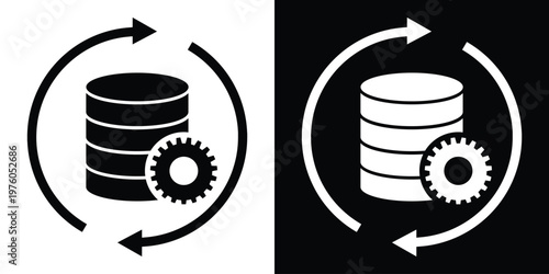 Icon of a database cylinder with a gear and circular arrows. Represents data automation, continuous integration, database migration, information processing, and system updates.