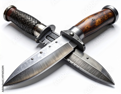 Two antique daggers crossed on a white background.