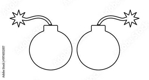 Minimalist bomb line art vector, cartoon explosive sphere with burning fuse, simple black and white weapon outline icons for gaming and web design