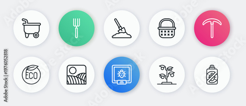 Set line Colorado beetle, Pickaxe, Eco healthy food, Sprout, Wicker basket, Shovel in the ground, Spray against insects and Agriculture wheat field farm icon. Vector