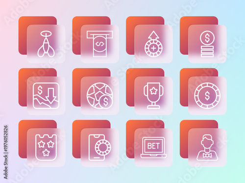 Set line Casino chip with dollar, Online sports betting, poker trophy cup, Football money, chips, Dart arrow and Automated teller machine and icon. Vector