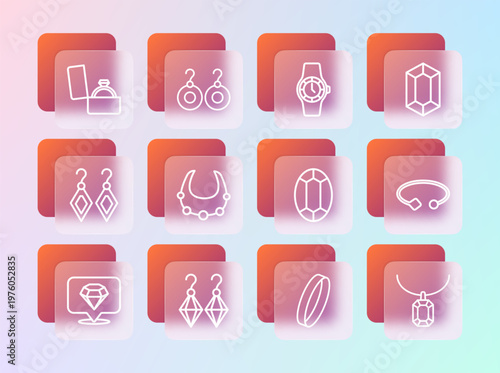 Set line Gem stone, Earrings, Wedding, Necklace, Wrist watch, Diamond engagement box and icon. Vector