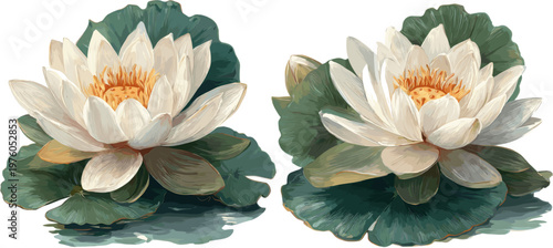 Set of white lotus flowers with green leaves, watercolor vector illustration