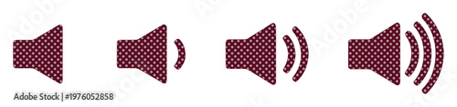 Minimalist speaker volume icons, burgundy sound level symbols, audio control vector set of 4