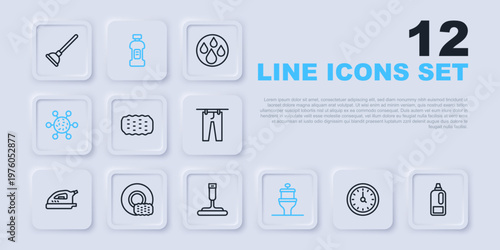 Set line Clock, Bottle for detergent, Sponge, Toilet bowl, Bacteria, Washing dishes, and Rubber cleaner windows icon. Vector