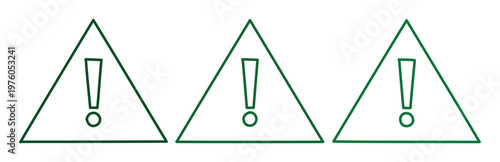 Green warning triangle icons, exclamation mark alert symbols, safety hazard vector set