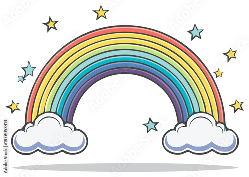Cartoon rainbow illustration with clouds and stars isolated on a white background.