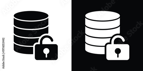 Professional vector icon of a database cylinder with an open padlock. Represents data accessibility, security bypass, decrypted storage, and open-source information management systems.