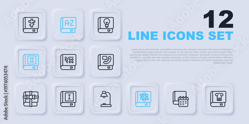 Set line Daily paper notepad, History book, Book with mathematics, about physics, Translator and Table lamp icon. Vector