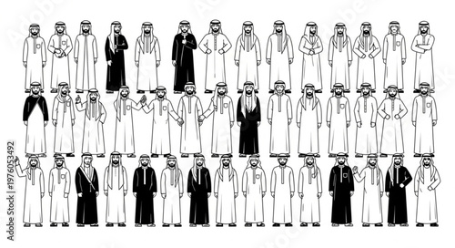 Group of Arab men in traditional attire standing together in a line.