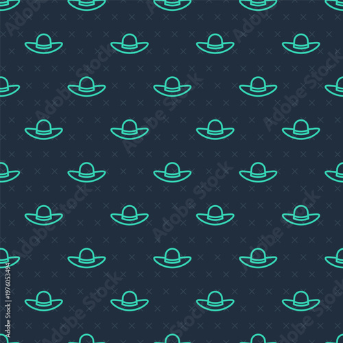 Green line Elegant women hat icon isolated seamless pattern on blue background. Vector