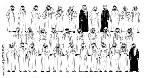 Group of Arab men in traditional attire, standing together in a line.