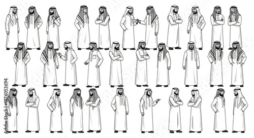 Group of Arab men in traditional attire, standing together in a line.