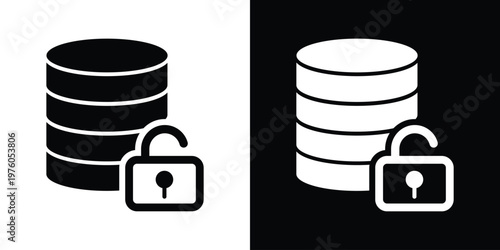 Professional vector icon of a database cylinder with an open padlock. Represents data accessibility, security bypass, decrypted storage, and open-source information management systems.