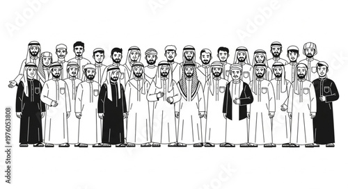 Group of Arab men in traditional attire, standing together in a line.