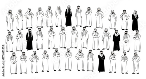 Group of Arab men in traditional attire, standing together in a line.