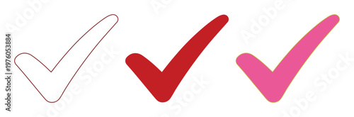 Minimalist check mark vector set, red and pink tick icons for validation, 3 checkmark elements for survey results and interface design