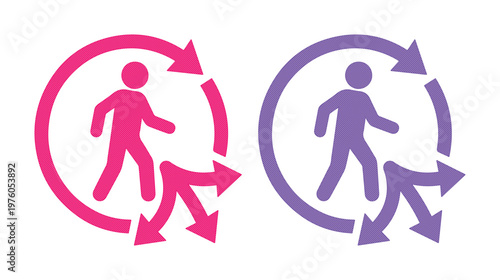 Walking person icon with circular arrows, decision making process symbols, pink and purple eps
