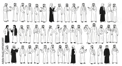 Group of Arab men in traditional attire, standing together in a line.