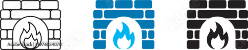 Fireplace with bricks icon, home fire hearth symbol, burning flame heat, chimney sign, warm house indoor heating vector illustration
