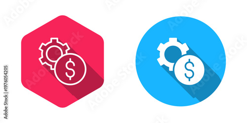 Filled and outline Gear with dollar symbol icon isolated with long shadow background. Business and finance conceptual icon. Vector