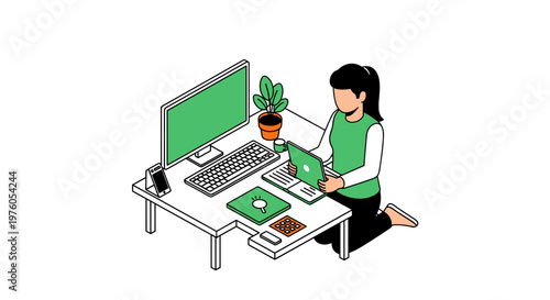 Woman working from home with multiple devices on a desk.