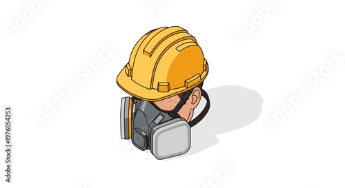 Yellow hard hat and respirator mask for safety.