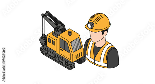 Construction worker with hard hat and safety vest next to a crawler crane.